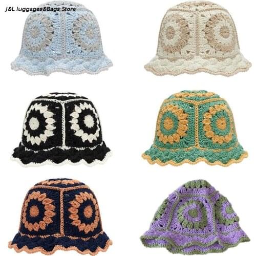 M68C Bucket Hat Wide Brim Beaching Hat 100% Hand Knitted Floral Hat for Young Girls