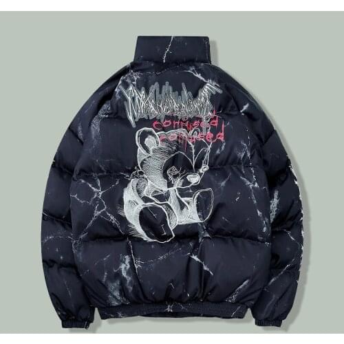 Hip Hop Bear Print Parka Mens Harajuku Letter Texture Printing Pockets Jacke Windbreaker Winter Thicken Oversized Couple Parkas