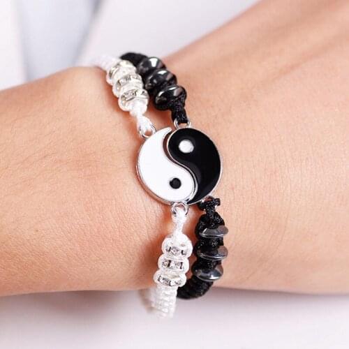 Couple Bracelets Leather Cord Braid Bracelet Chinese Yin Yang Alloy Pendant Two-piece Woven Lover Bracelet Gift
