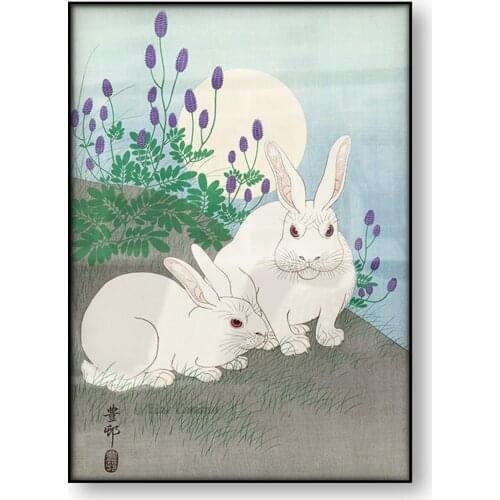 Rabbits at Full Moon Ohara Koson Japanese Art Poster Vintage Woodblock Print Canvas Print Oriental Asian Art Painting Home Decor