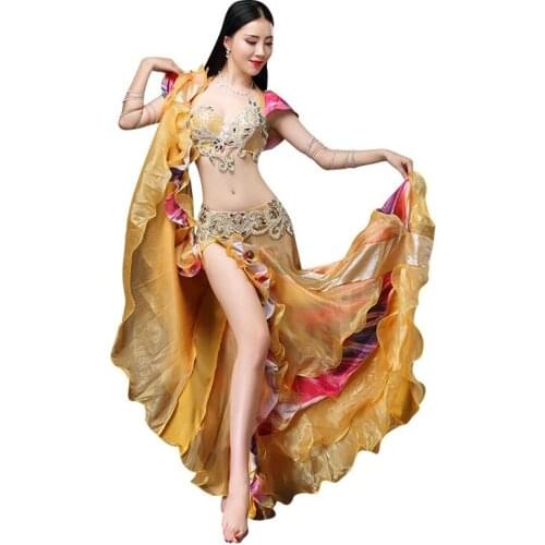 Handmade Beaded Embroidery Bra Skirt Belt 3pcs Set Beaded Women Oriental Belly Dance Costume Golden Performance