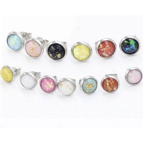 8Seasons Stainless Steel & Opal Ear Post Stud Earrings Silver Color Black Round Foil Romantic Earrings 10mm Dia., 1 Pair