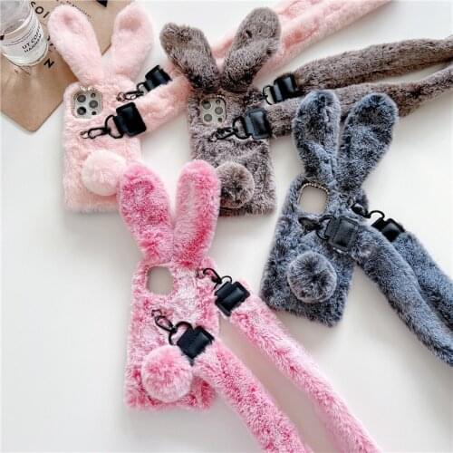 Warm Rabbit Plush Case For OPPO Reno 5 4 2 2Z Find X2 Pro A15S F17 A53 A31 A9 A5 A52 A72 Lanyard Neck Strap Rope Cord Back Cover
