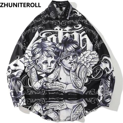 Vintage Summer Shirts Hip Hop Angel Child Print Long Sleeve Shirt Coats Streetwear Harajuku Loose Button Blouse Fashion Tops