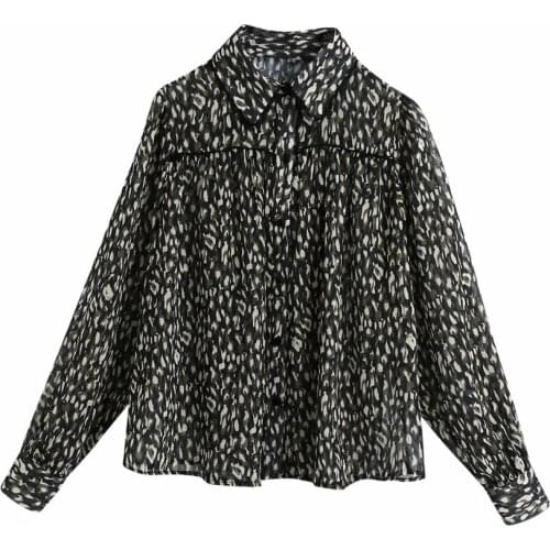 XNWMNZ za women animal print shirt khaki Collared shirt with long sleeves Lace trim detail Button-up front 8330/311