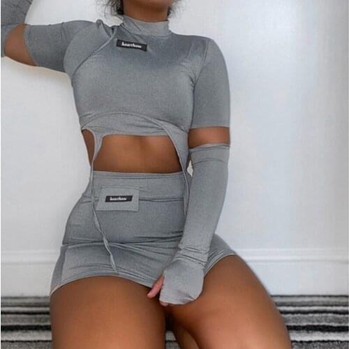 Two Piece Set Womens Tracksuit Sexy Mini Skirt and Crop Tops Gloves Suit Fall 2020 Womens Clothing Club Outfits Matching Sets