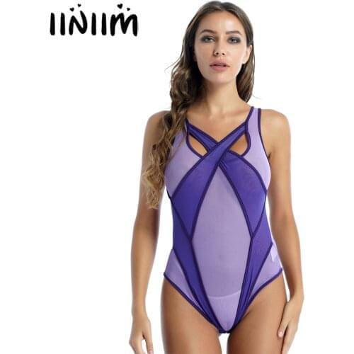 Women Sleeveless Sexy Lingerie See-through Mesh Patchwork Bodysuit Cross Front Hollow Out One-piece Swimsuit Swimwear Nightwear