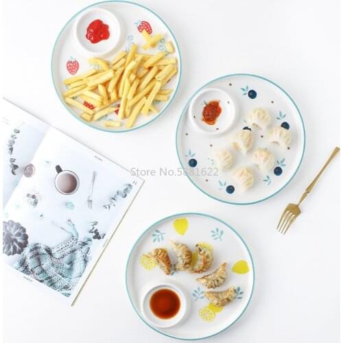 10Inch Hand-painted Ceramic Dumpling Plate Round Underglaze Color with Vinegar Dish Integrated Dumpling Plate Japanese Tableware