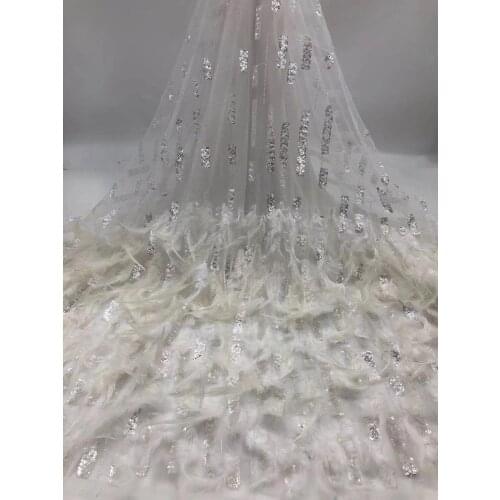 Feather Embroidery African Tulle Lace Fabric, Unique Style Green 5 Yards Feather Nigeria French Tulle Lace Fabric J4414