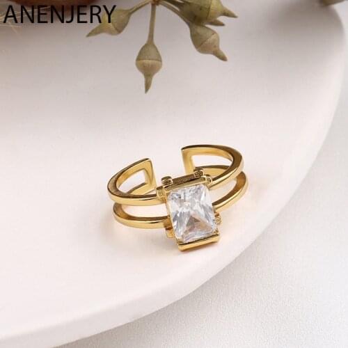 ANENJERY 925 Sterling Silver Two layers Hollow Inlaid Zircon Ring for Women Elegance Simplicity Open Ring Jewelry Gift S-R1032