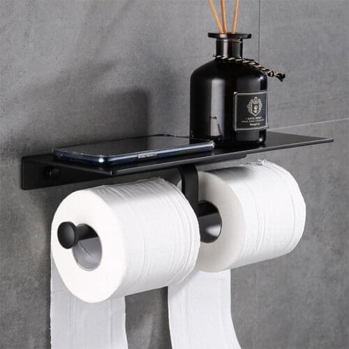 Aluminum Double Toilet Paper Holder Black Paint Creative Double Paper Roll Holder with Shelf Storage Bathroom WC Tissue Shelf