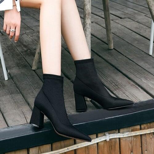 European and American Fashion Simple All-match Comfortable Chunky High Heel Pointed Sexy Nightclub Slim Wool Ankle Boots