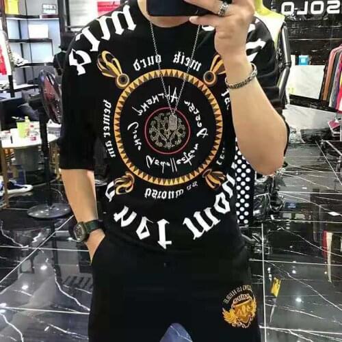 2020 summer mens short sleeve T-shirt new personality trend heavy craft hot drilling letter printing round neck half sleeve