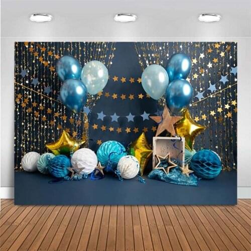 Blue Balloon Golden Star Backdrop Wedding Bridal Shower Photography Backdrop Decor Baby Shower Photo Background For Photo Studio