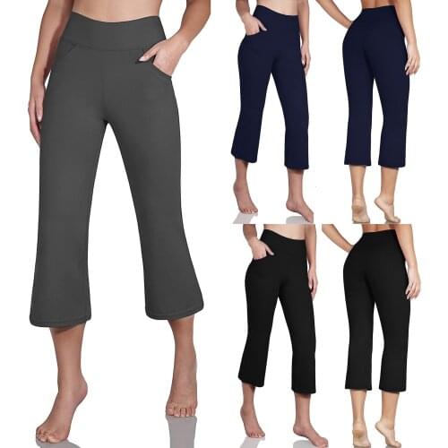 High Waist Leggings With Pocket Yoga Pants Wide Leg Capris Pants Sports Leggings Women Solid Fitness Comfortable Sportswear