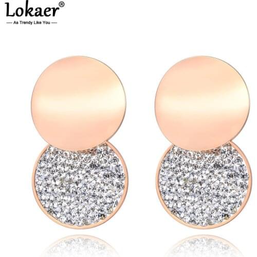 Lokaer Stainless Steel Pave Setting White Clay Rhinestone Crystal Stud Earrings For Women Rose Gold Double Circle Earring E19030