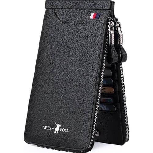 WILLIAMPOLO RFID mens high quality long card wallet leather multi-card zipper large capacity card wallet