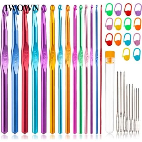 37PCS Aluminum Crochet Hooks Set Ergonomic Handle Crochet Hook Needle for Arthritic Hands with Stitch Markers Large-Eye Needles