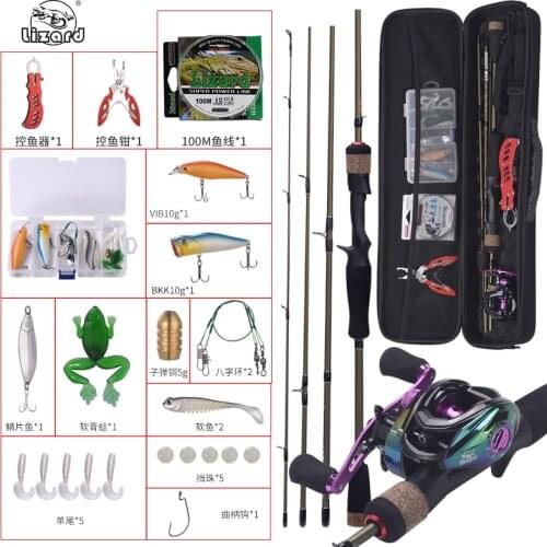 Lizard Fishing Rods and Reels combo 4 Section Carbon Rod Baitcasting Reel Travel Fishing Rod Set with Full Kits Carrier Bag