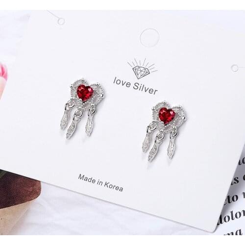 925 Sterling Silver Gorgeous Red Love Heart Dream Catcher Feather Earrings For Best Christmas Gift Dropshipping S-E670