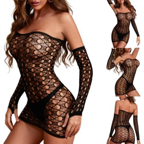 Women Sexy Nightdress and Oversleeves Black Solid Color Off-the-shoulder Hollow Out Dress