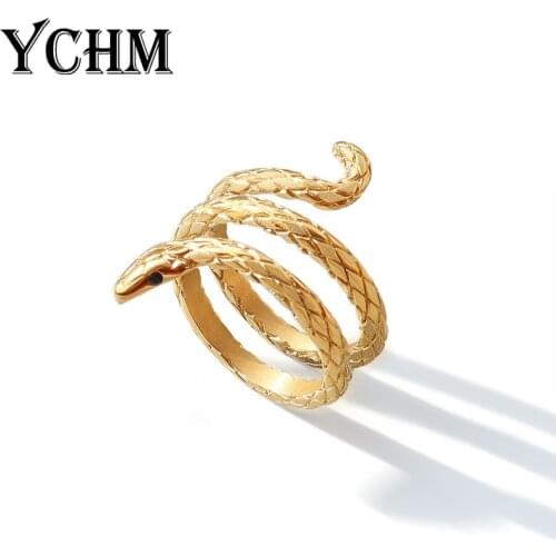 YCHM Snake Ring For Woman Stainless Steel Ring Slytherin Vintage Silver Color Snake Finger Ring WIth Black Stone Gifts For Women