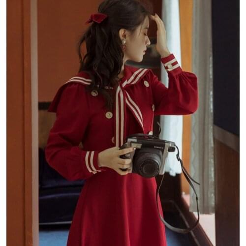 2021 Spring Autumn New Womens Preppy Style Full Sleeve Sailor Collar Dress Metal Buttons Waisted Mid-length Red Dress Y852
