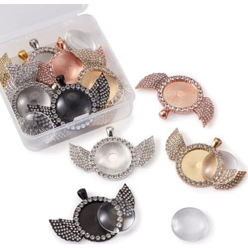 1Set Transparent Glass Cabochons Settings Flat Round Wings Alloy Crystal Rhinestone Pendant Cabochon Base for Jewelry Making DIY