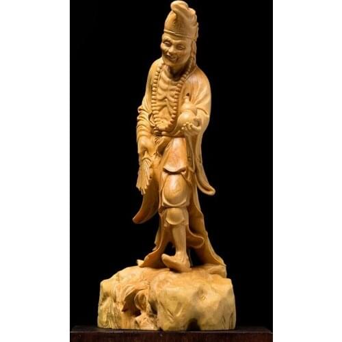 22cm The Mad Monk Wood Carving Solid Sacrificial Buddhist Temple Crafts Buddha Statues for Decoration Room Ornaments