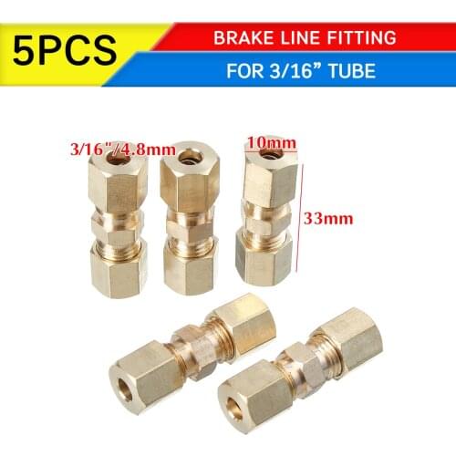 5PCS 33 x 10mm Brass Straight Hydraulic Brake Lines Union Reducer Compression Fitting Connector 3/16" OD Tube