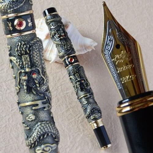 JINHAO NOBLEST ANTIQUE BRASS TWO DRAGON PLAY PEARL FOUNTAIN PEN MEDIUM NIB