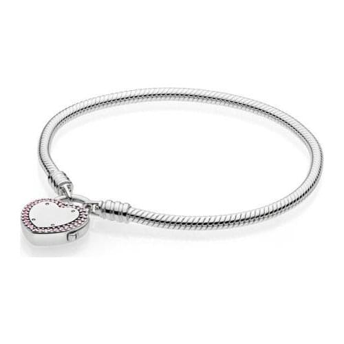 925 Sterling Silver Pan Bracelet Lock Your Promise Snake Chain Bracelet Bangle Fit Women Bead Charm Diy Fashion Jewelry