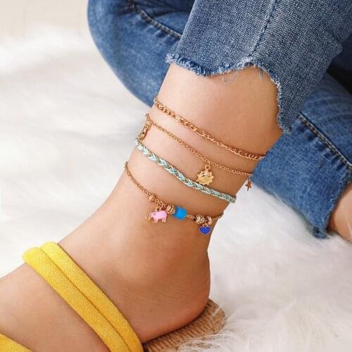 HI MAN 4Pcs/Set Punk Mixed Sun Moon Star Heart Shape Acrylic Elephant Anklet Women Fashion Temperament Birthday Gift Jewelry