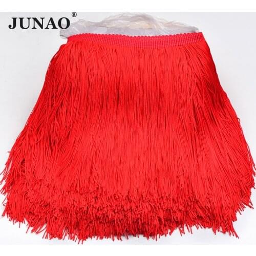 JUNAO Double Line! 20cm Long Red Fringe Trim Chinlon Fringe Tassel Lace Ribbon Sewing Latin Dress Stage Clothes Curtain 10Meter