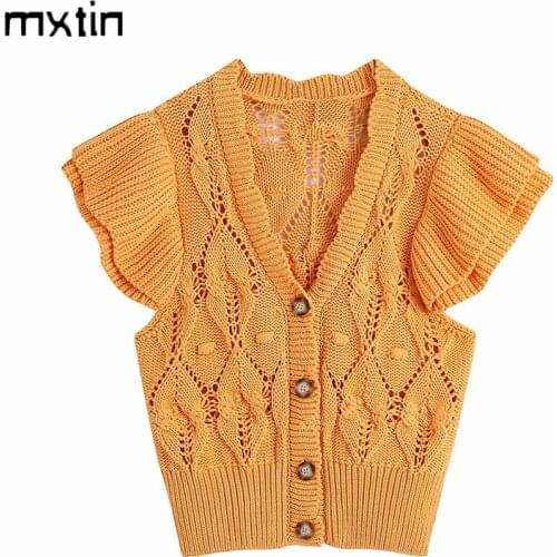 Women 2021 Fashion Yellow Knitted Cardigan Vest Sweater Ruffle V Neck Sleeveless Korean Style Pull Female Jumper Chaleco Mujer