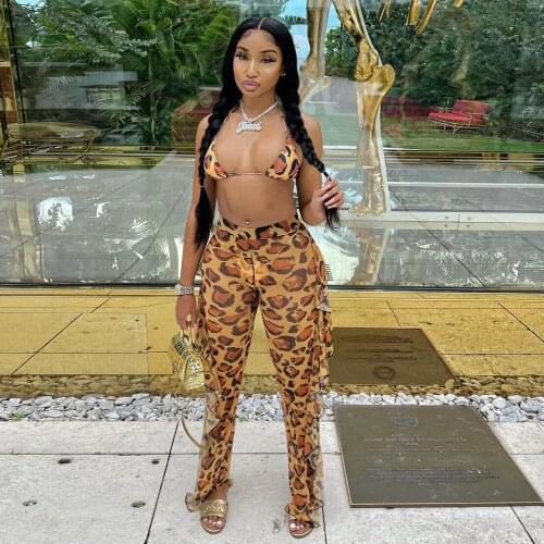 Mesh Leopard Two Piece Bikini Set Women Summer Sexy Halter Neck Backless Bra Top+cascading Ruffle Straight Pant Hipster Clothes