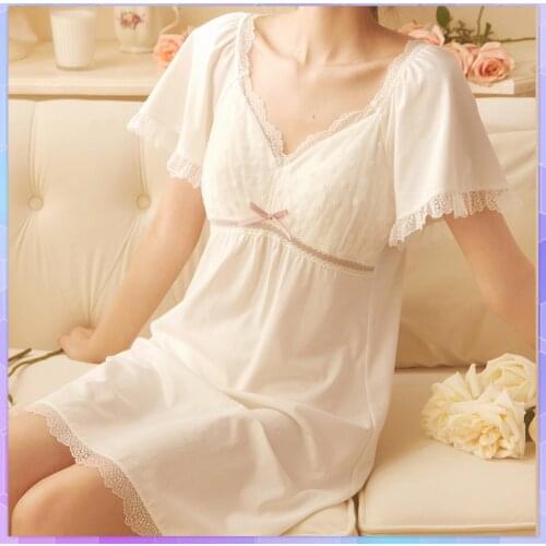 Lace Nightdress Female White Nightgown Sleepwear Lady Summer Short Sleeve Nightdress Loose Women Princess Nightgowns Comfortable