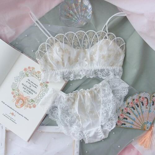 French girl sweet loli mermaid Ji shell fairy lace underwear retro wirefree tube top big breasts show small push up bra set