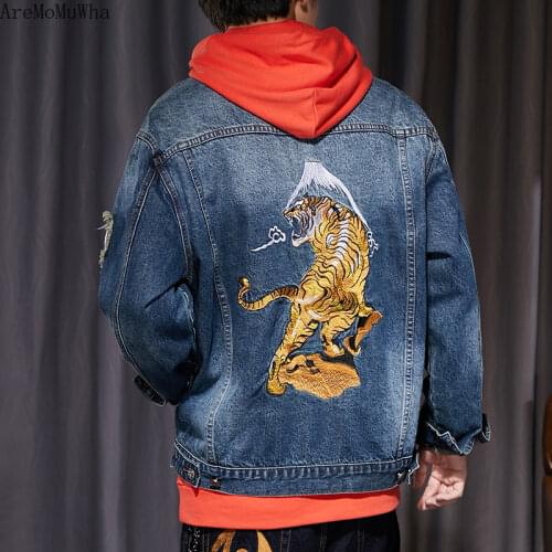 2021 New Chinese Style Embroidered Tiger Denim Jacket Mens Lovers Loose Korean Version of Yokosuka Personality Trend Jacket Men