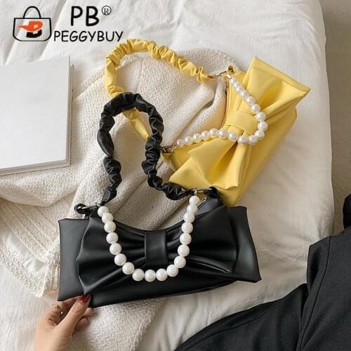 2021 New Retro Women Pearl PU Bowknot Shoulder Underarm Bag Pleated Solid Color Soft Leather Women Designer Handbag
