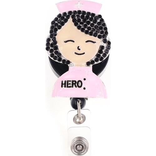New Product Black Rhinestone Pink Enamel Girl Nurse Badge Reels Retractable "HERO" Badge Reel