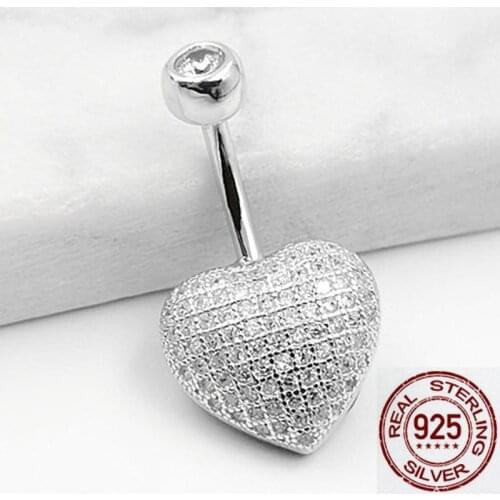 Zircon stone heart belly navel piercing for women 925 sterling silver body piercing jewelry fashion body bar