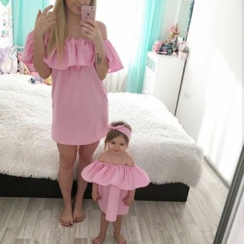 Dress+ Bow Hair Bands Ins Solid Color One Shoulder Sleeveless Ruffle Edge Womens Dress Suspender Dress Family Grl Clothes