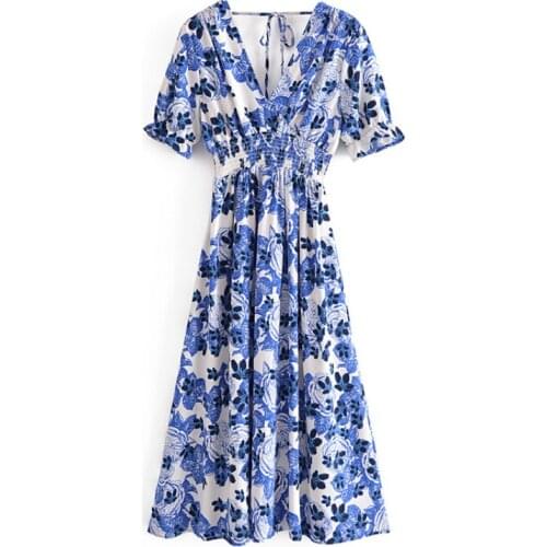 Women Elegant A Line Midi Dress Butterfly Short Sleeve Floral Printed Dress Female V Neck Elastic Waist Vintage Sundress