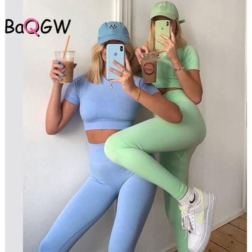 BaQGW Casual Work-out Suit Two Piece Sports Short Sleeve Crop Top High Waist Running Legging Set Gym Clothing Fitness Tracksuit