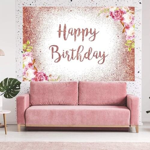 Happy Birthday Party Background Birthday Decoration Photography Backdrop Pink Floral Glitter Spots Party Banner for Girls Women