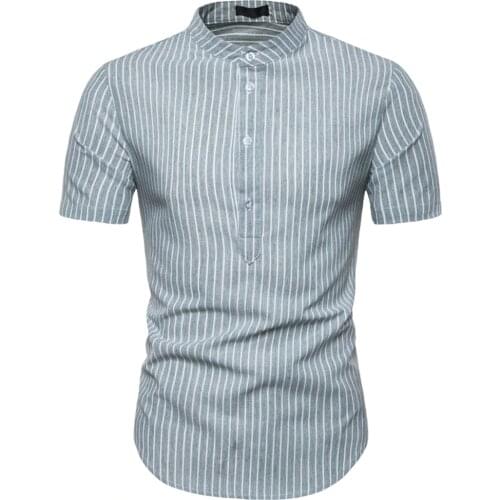 Striped Shirt Men 2019 Brand Cotton Linen Men Shirt Slim Fit Short Sleeve Henley Shirts Chemise Homme Casual Mens Dress Shirts