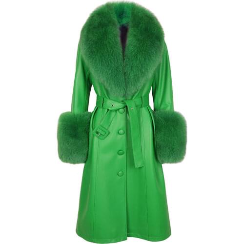 YOLOAgain Plus Size Women Real Fox Fur Collar Genuine Leather Trench Coat Long