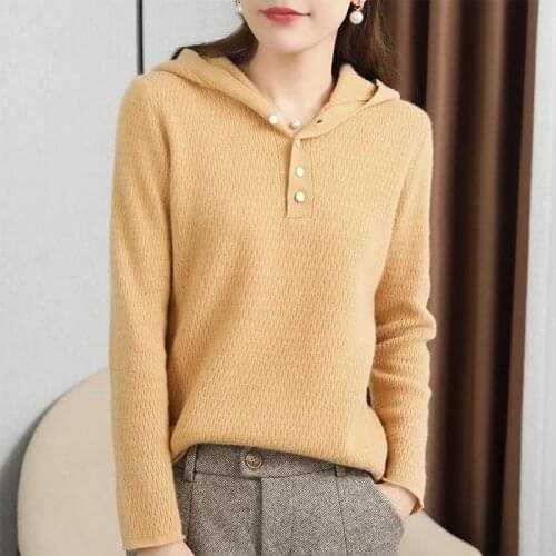 Women Sweater With Hat 2020 New Fahsion Ladies 100% Pure Wool Knitting Hooded Pullovers Hot Sale 5Colors Long Sleeve Jumper