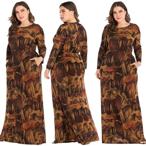 Plus Size Abaya Muslim Dress Women Autumn Winter Long Sleeve Retro Print Vintage Casual Maxi Long Dresses Dubai Islamic Clothing